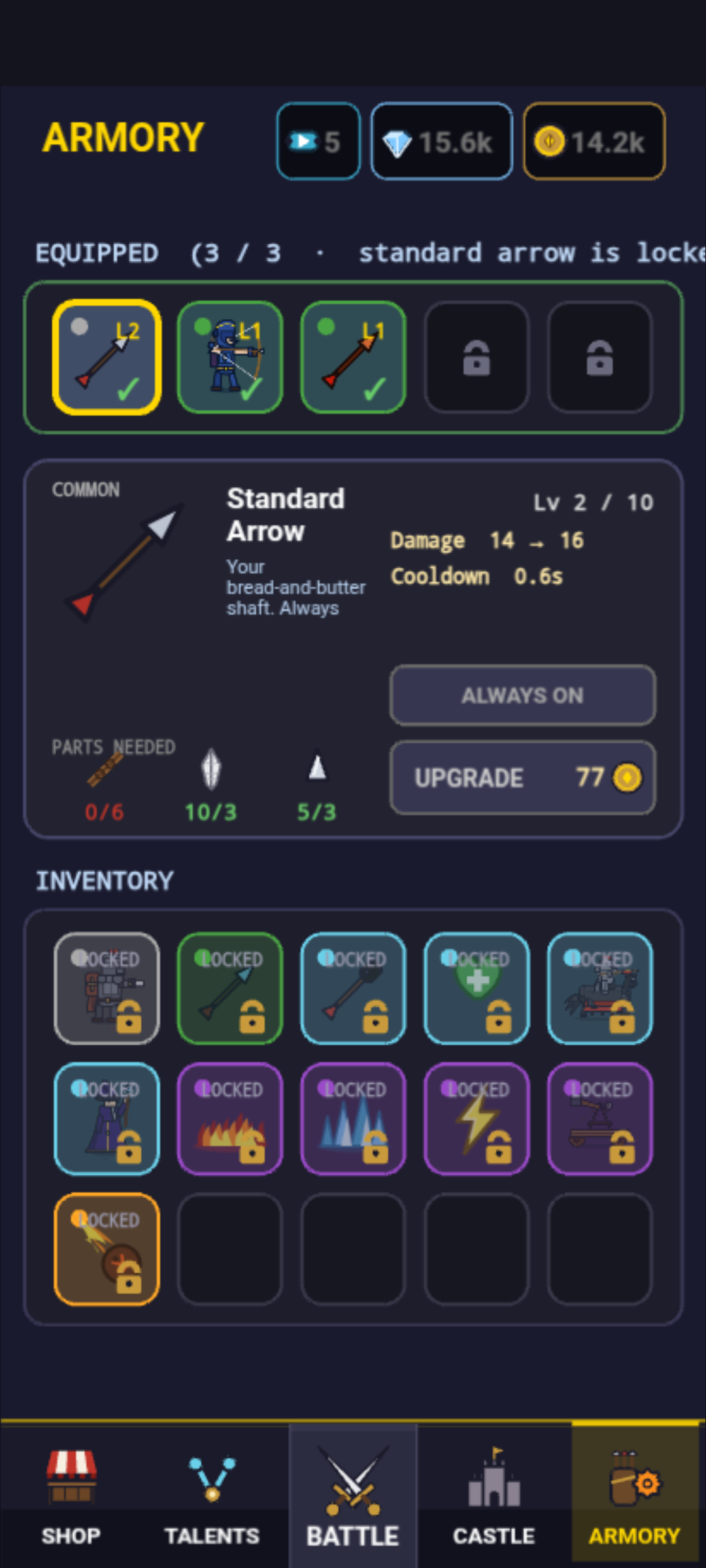 The armory: equip arrows and troops into loadout slots