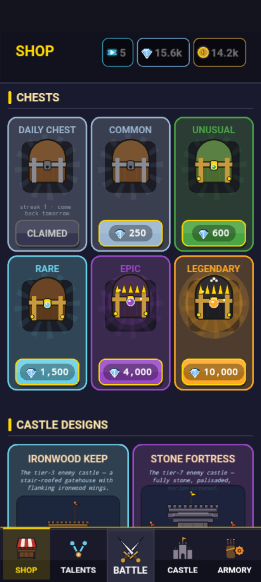 The shop: chests, daily rewards and special offers