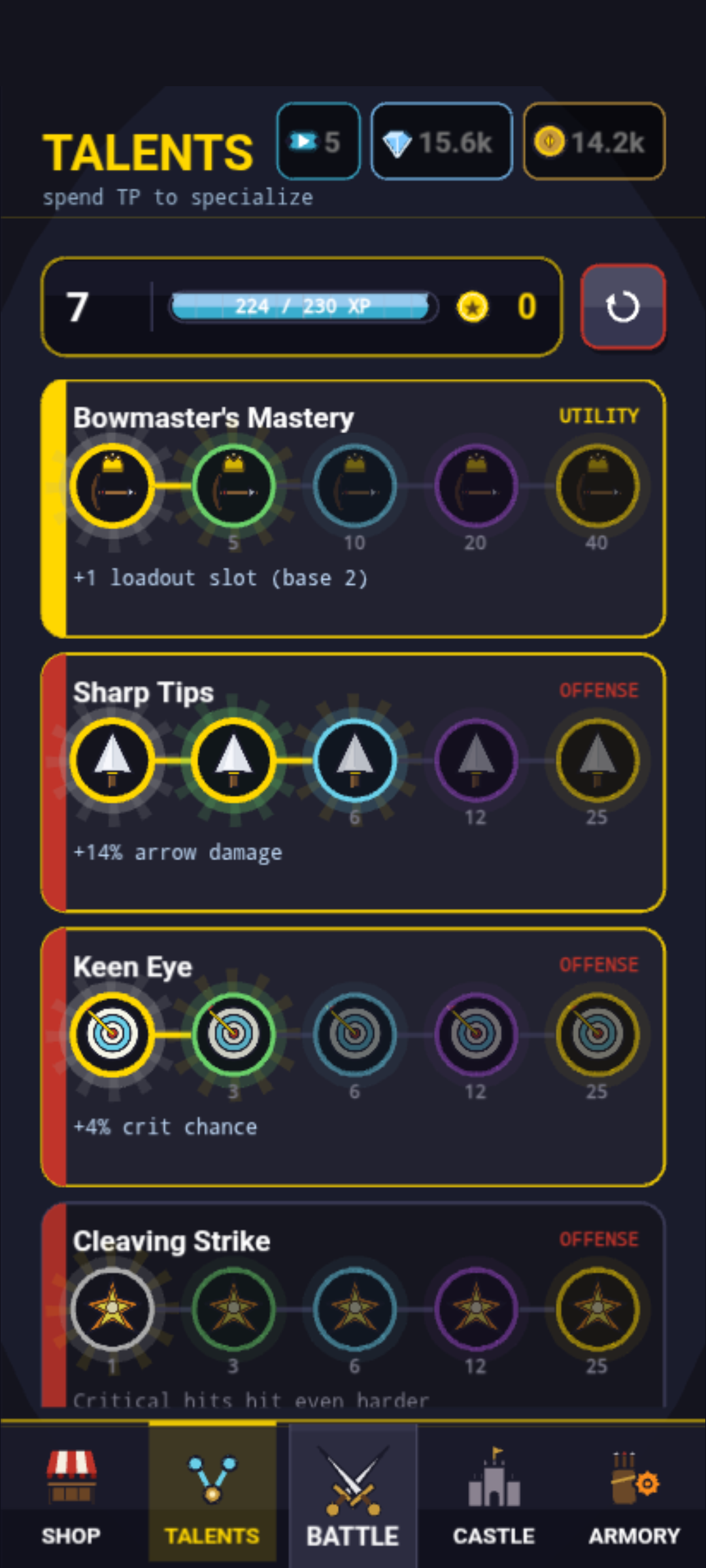 The talent tree: eight lines of upgrades across rarity ranks